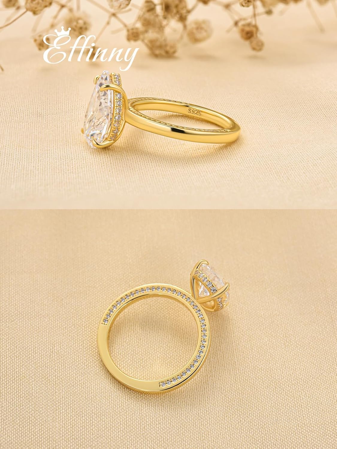 3.5ct Solitaire Pear Shaped Engagement Ring For Women,Noble Crushed Ice Thickened 14K Gold Plated Sterling Silver Elegant Beautiful Bridal Promise Ring - Image 6