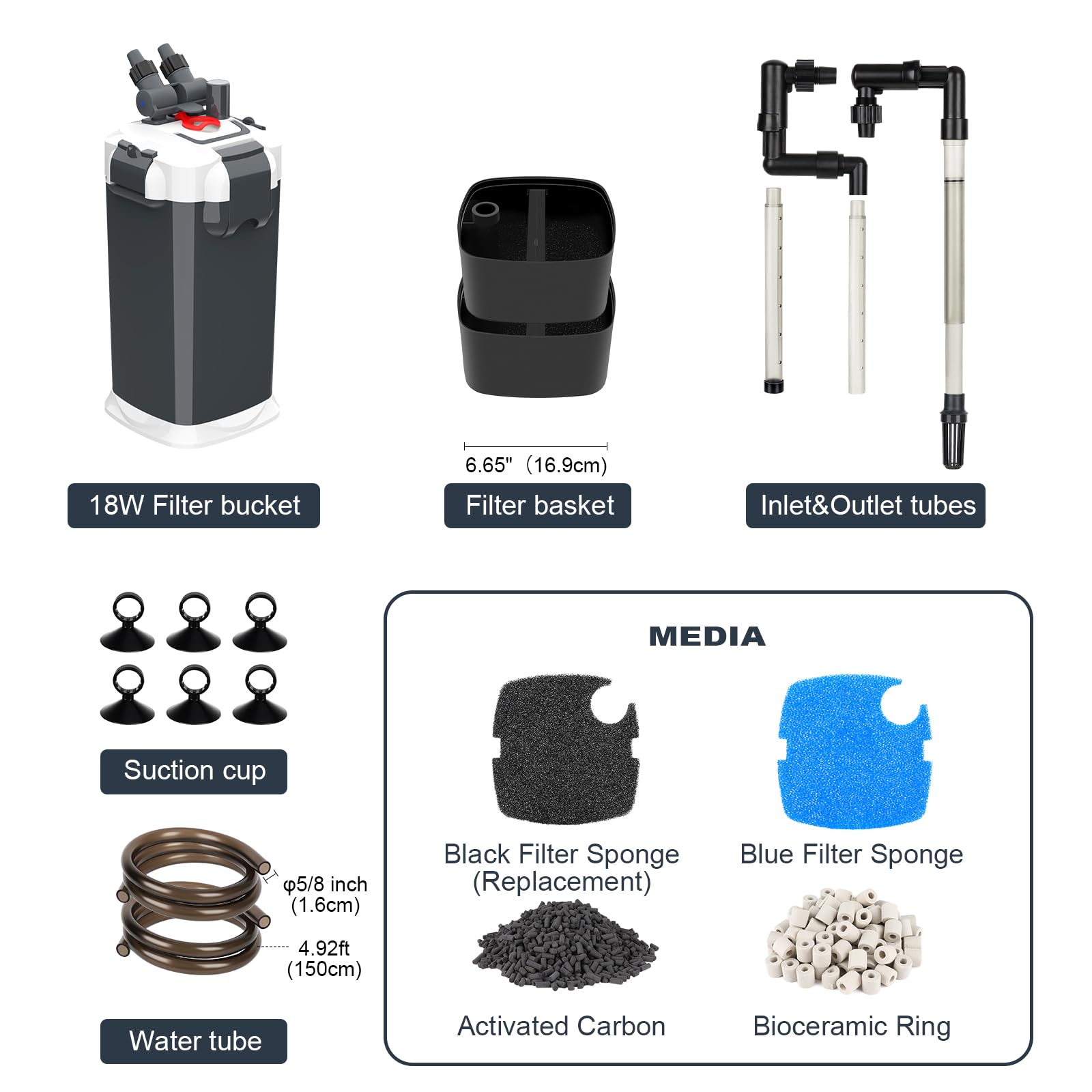 fishkeeper Filtro de recipiente de 225 GPH, filtro de acuario de filtración de 3 etapas | Bolas de cuarzo y filtro de algodón, filtro externo ultra silencioso para agua dulce y salada de hasta 65 galones (18 W)