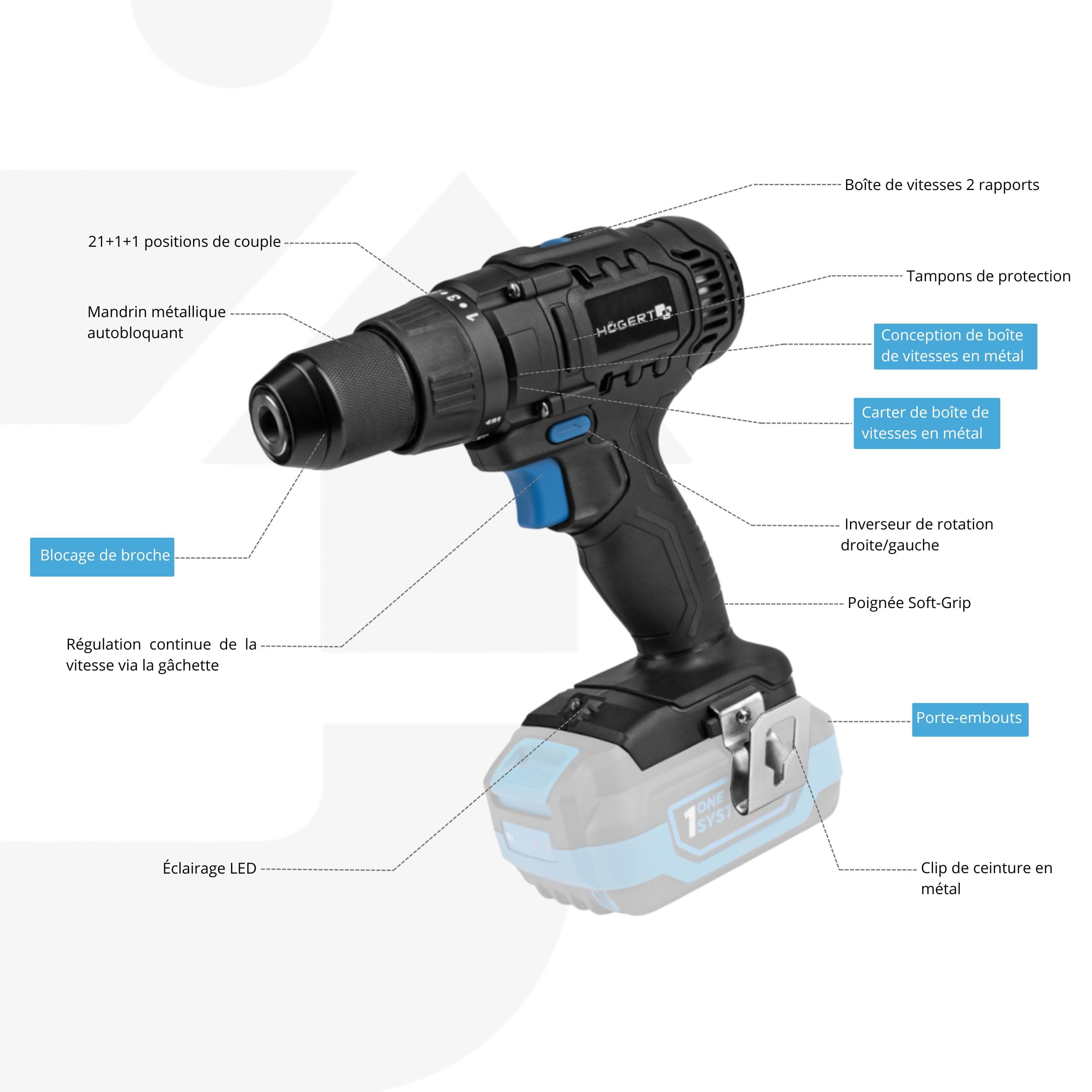 HÖGERT TECHNIK Perceuse-visseuse sans fil 18V, couple 50 Nm, mandrin Auto-Lock 13 mm, 21+1 réglages de couple, 2 vitesses, éclairage LED, engrenage métallique, sans batterie