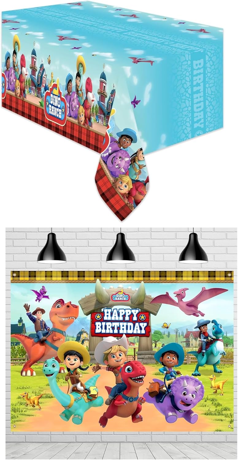 Treasures Gifted Dino Ranch Birthday Party Supplies - 3 Pack - Large Rectangular Dino Ranch Tablecloth, 54 x 108 Inches and Dino Ranch Backdrop 4.25ft Tall x 6ft Wide