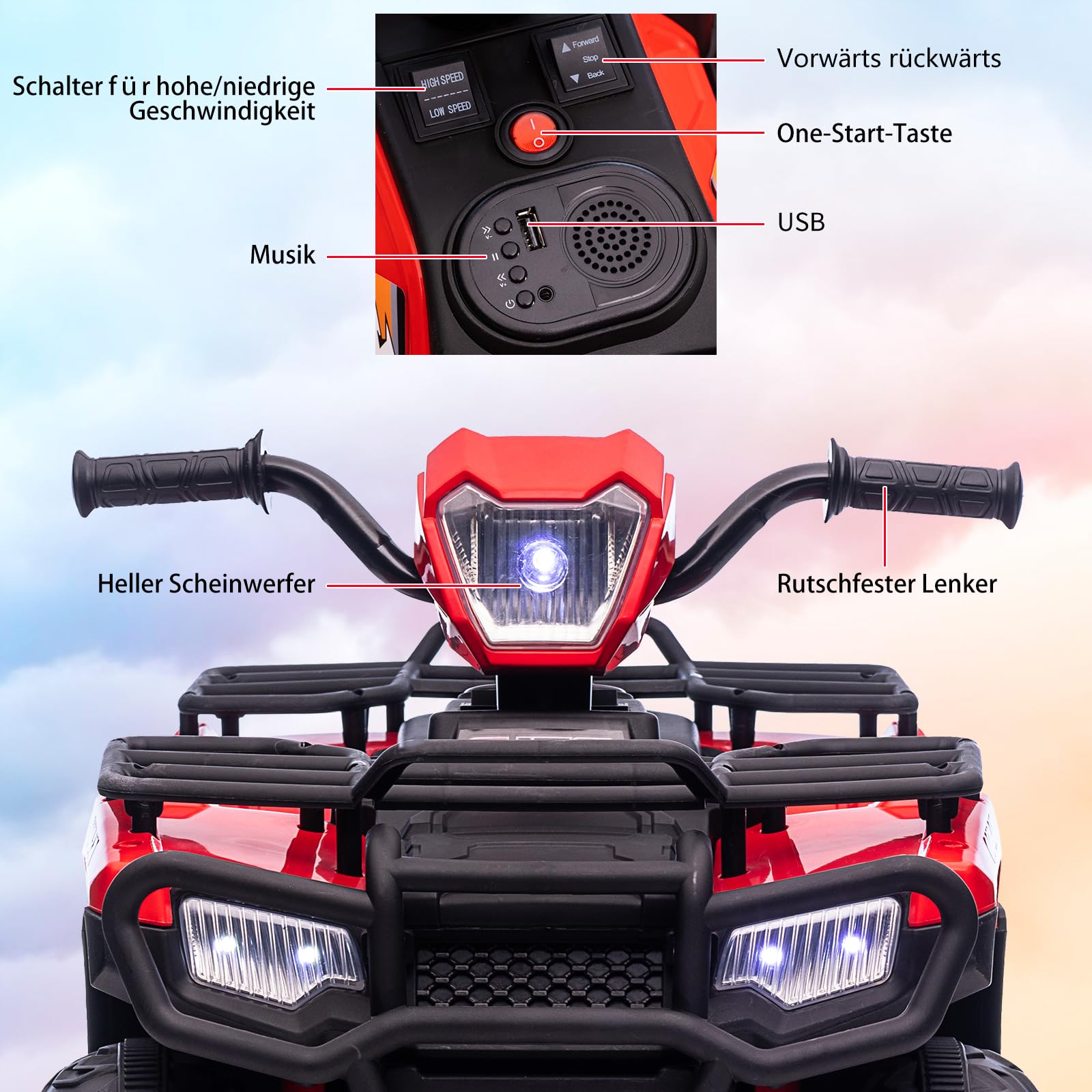 Quad Électrique Enfant ATV 12V 2 Moteurs 30W Télécommande Parentale Rouge