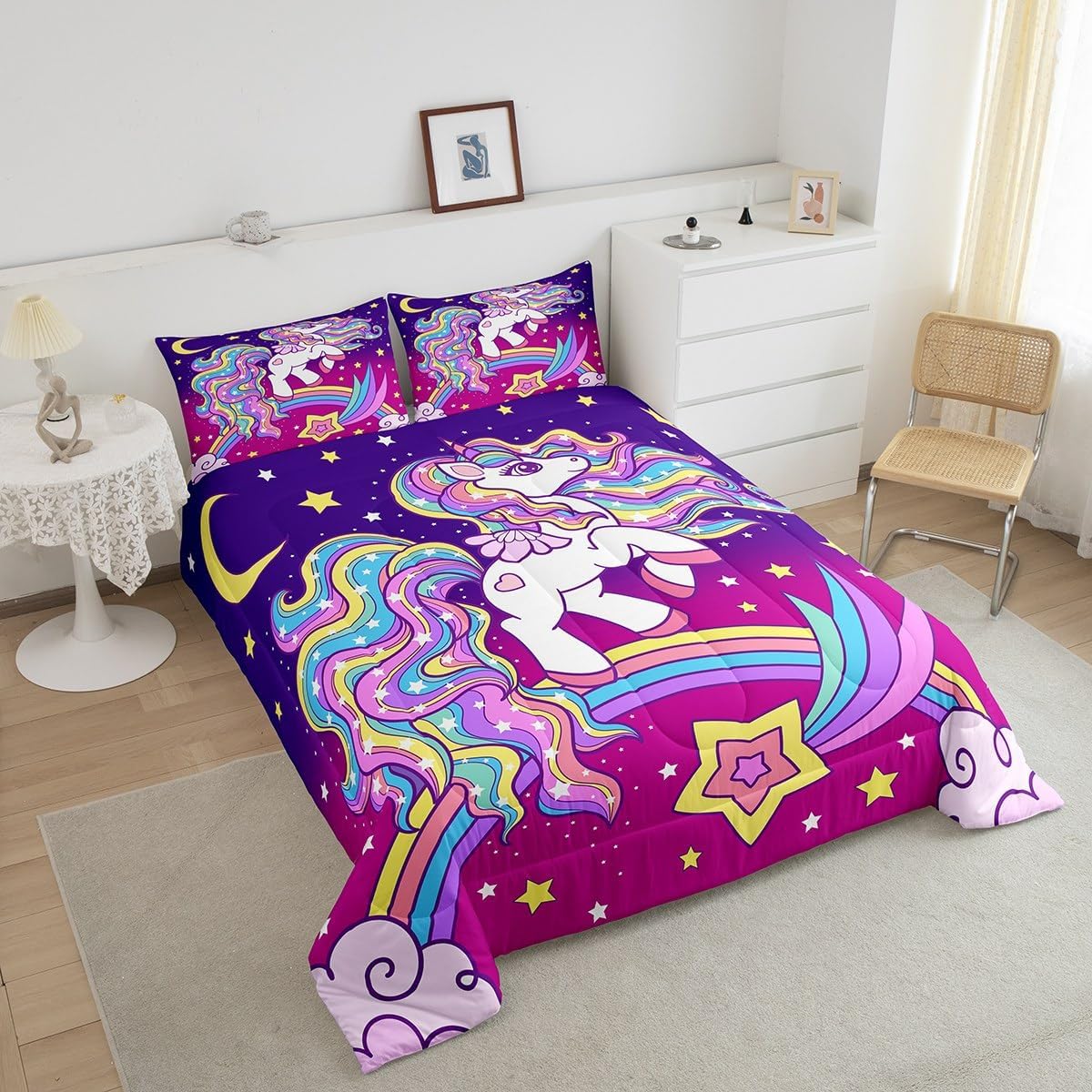 Feelyou Galaxy Unicorn Comforter Set - Queen Size, Star Rainbow, Cute Unicorn Quilt Set (3Pcs)