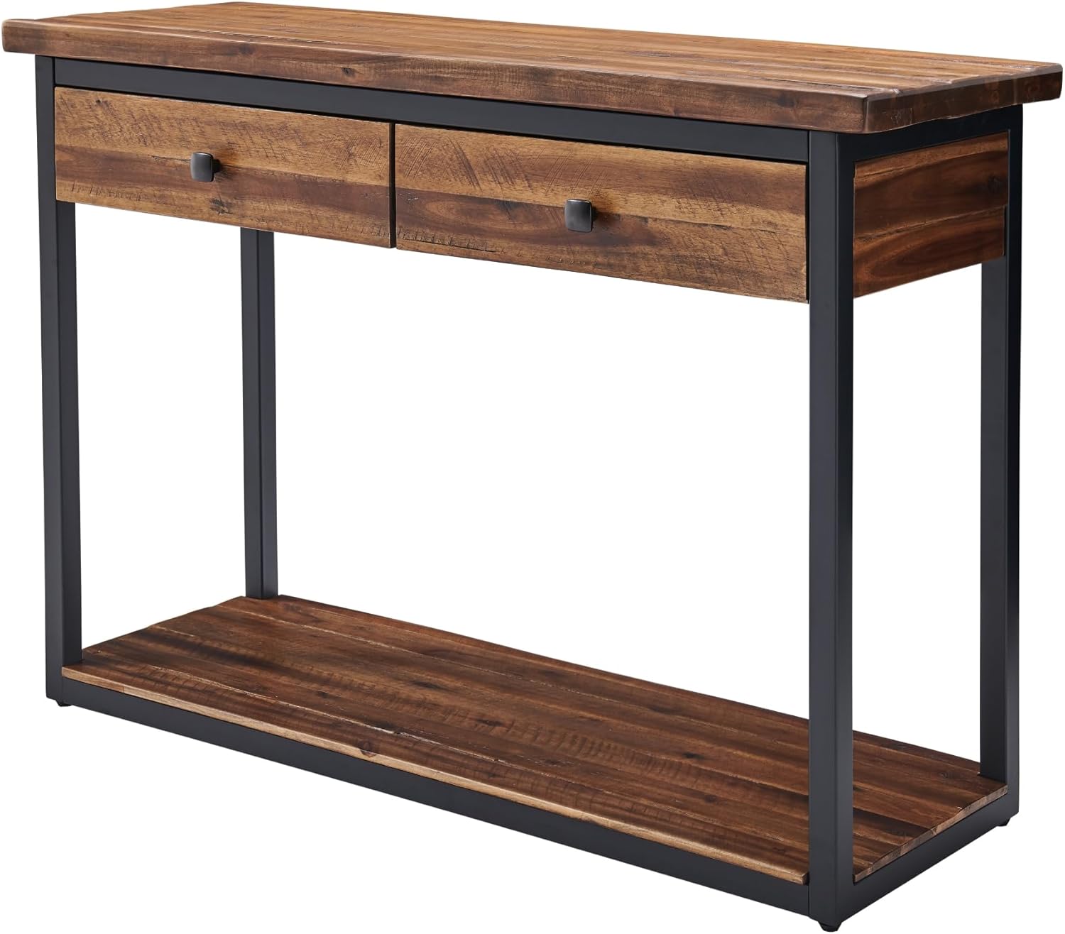 Alaterre Furniture Claremont 43-Inch Solid Wood Console Table with Drawers and Lower Shelf – Rustic Industrial Entryway, Sofa, or TV Table with Acacia Wood Top and Black Metal Frame (Dark Brown)