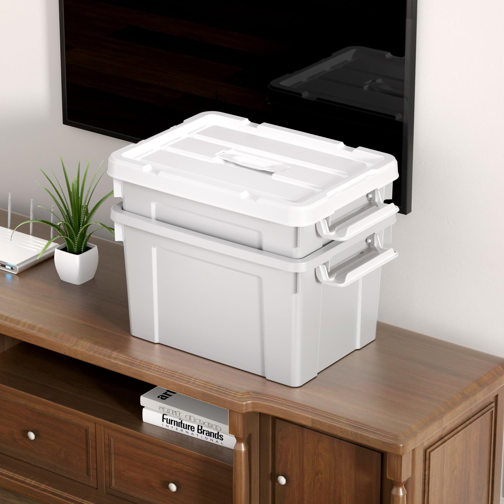 Cetomo 20L*6 Scatole di Stoccaggio in Plastica, Scatole Portaoggetti con Coperchio, Organizzatore con Manico, Contenitori per Casa e Ufficio, Impilabile, Resistente, Grigio, 20L - Confezione da 6