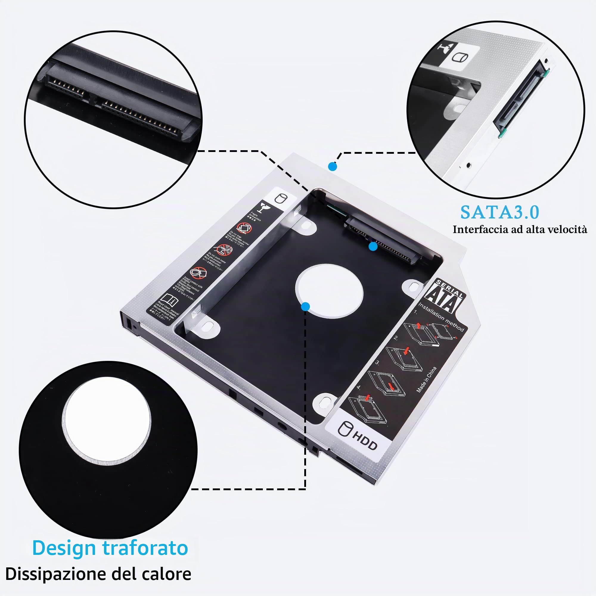 YAODHAOD SATA 2nd SSD HDD Hard Disk Caddy Tray Universale 12,7 mm 2,5 '' SSD HDD Hard Drive Enclosure SATA-III Laptop Hard Disk Holder per CD/Dvd-Rom Ottico SuperDrive Tray Drive Slot (Alluminio)