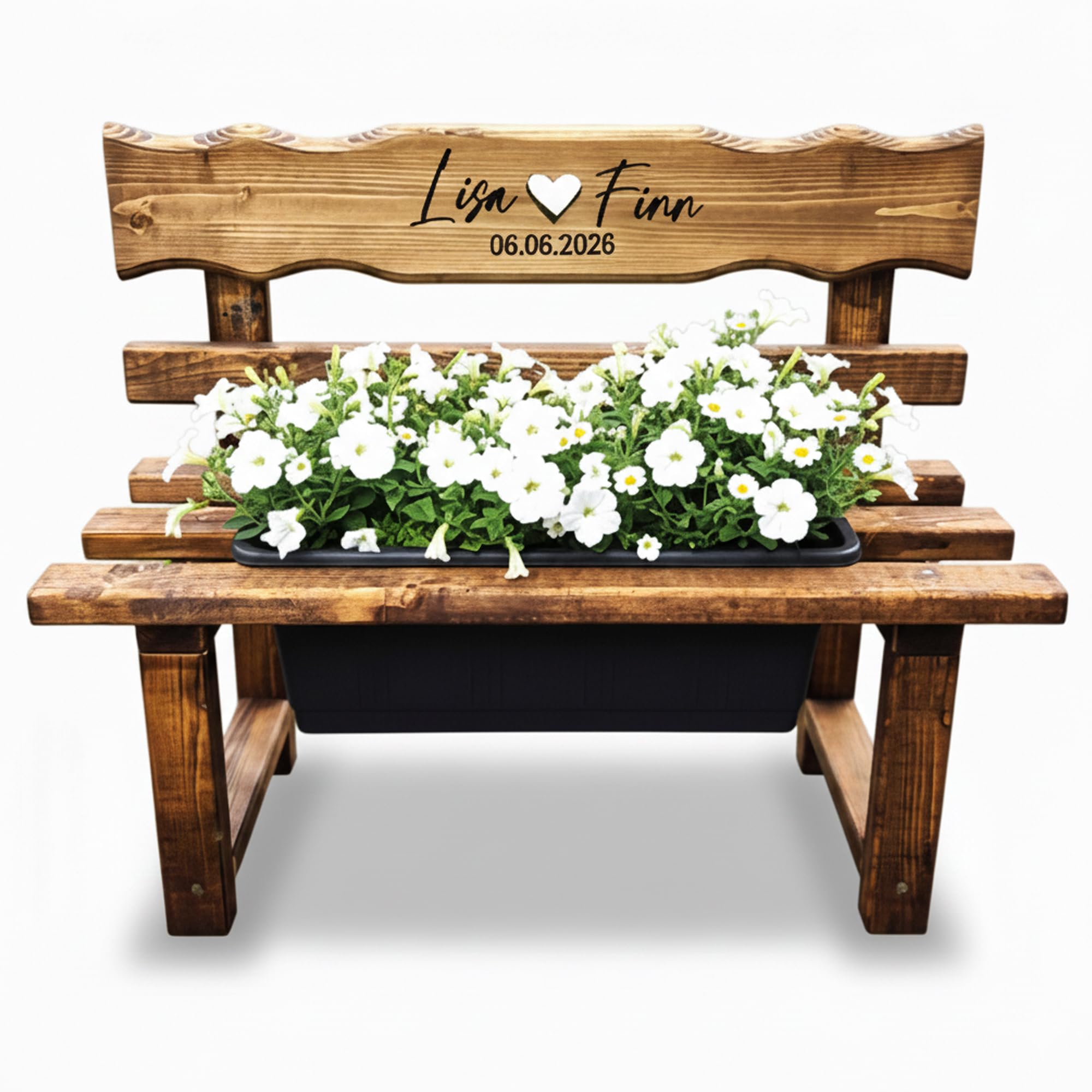 Generisch Personalisiertes Hochzeitsgeschenk Hochzeitsbank mit Blumenkasten, Hochzeit Geschenk Blumenbank, Blumenbänkle aus Holz, Gravierte Gartenbank für Terrasse, Gartendeko, Eingangsbereich Deko