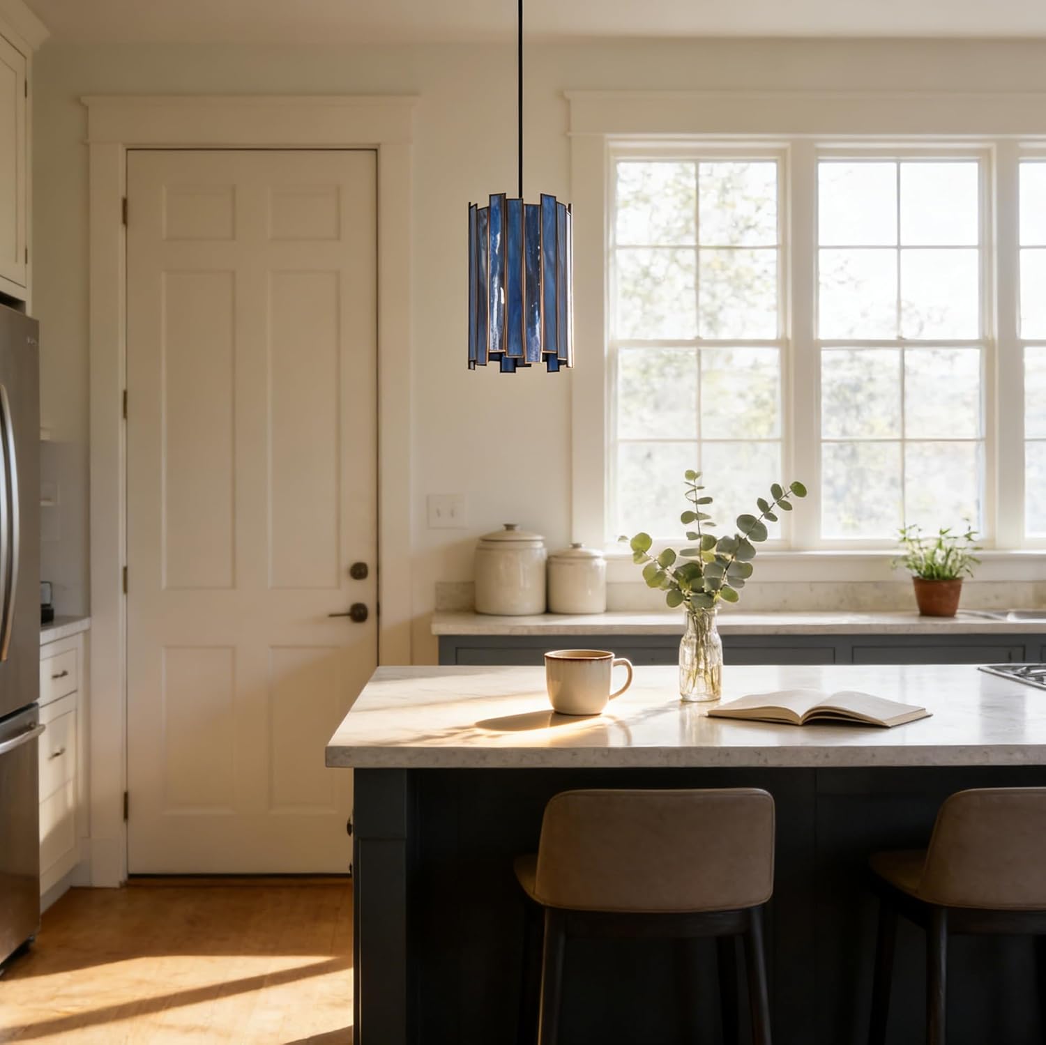 Tiffany Pendant Lighting, 7" Brass Cylindrical Hanging Lamp with Stained Glass for Foyer, Entryway, Bedroom, Dining Room, Stairwell (Deep Blue)