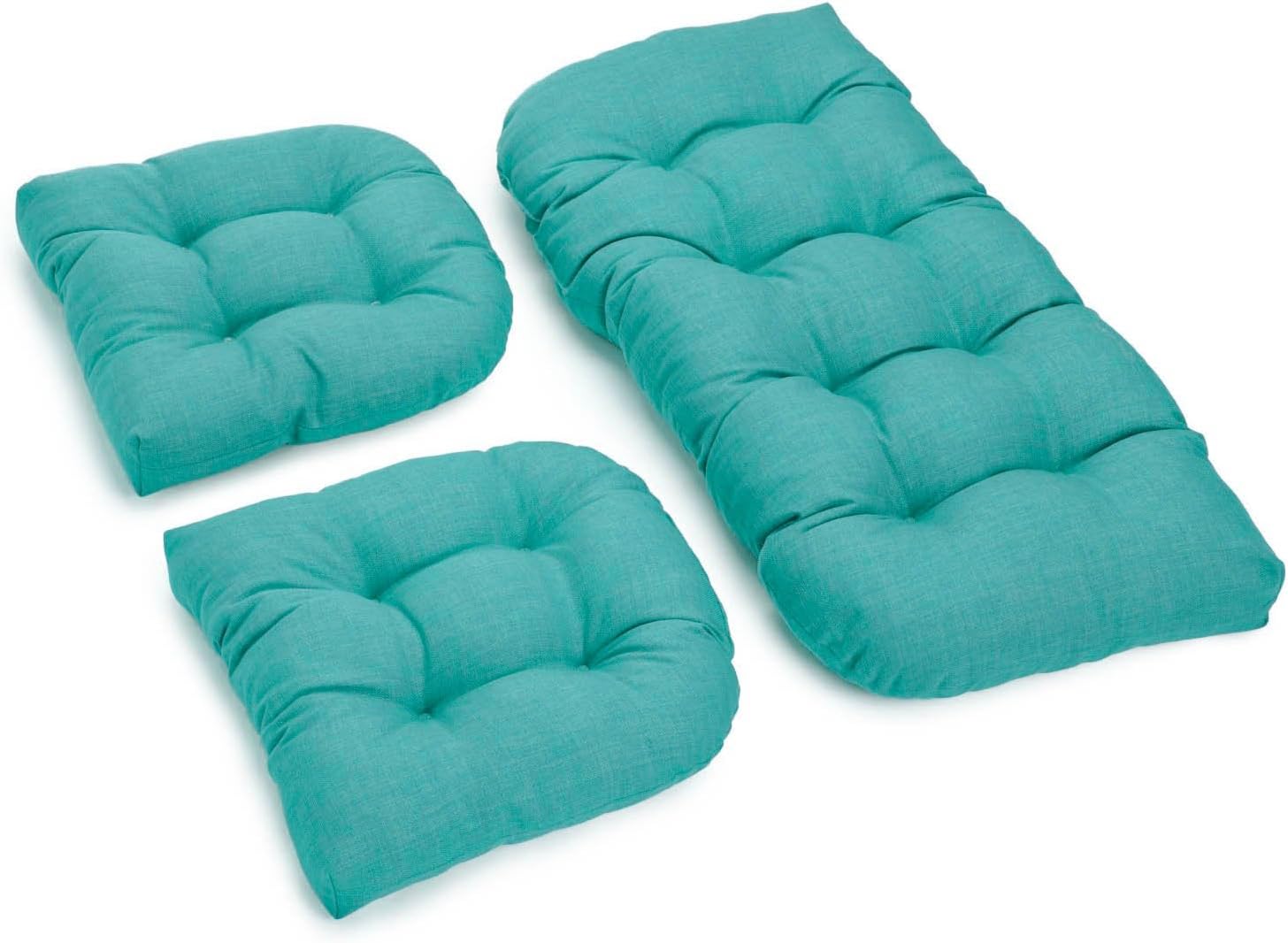 Blazing Needles U-Shaped Solid Spun Polyester Tufted Settee Cushion Set, Set of 3, Aqua Blue