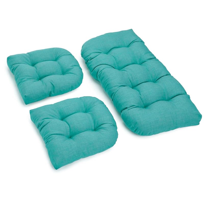 Blazing Needles U-Shaped Solid Spun Polyester Tufted Settee Cushion Set, Set of 3, Aqua Blue
