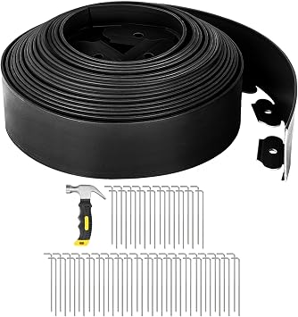 GROWNEER 66FT Landscape Edging Flexible 4 inch Tall Garden Border with 60pcs Galvanized Steel Anchoring Spikes and Hammer Lawn Edging Kit for Flower Bed, Pathway, Landscaping Project, Black
