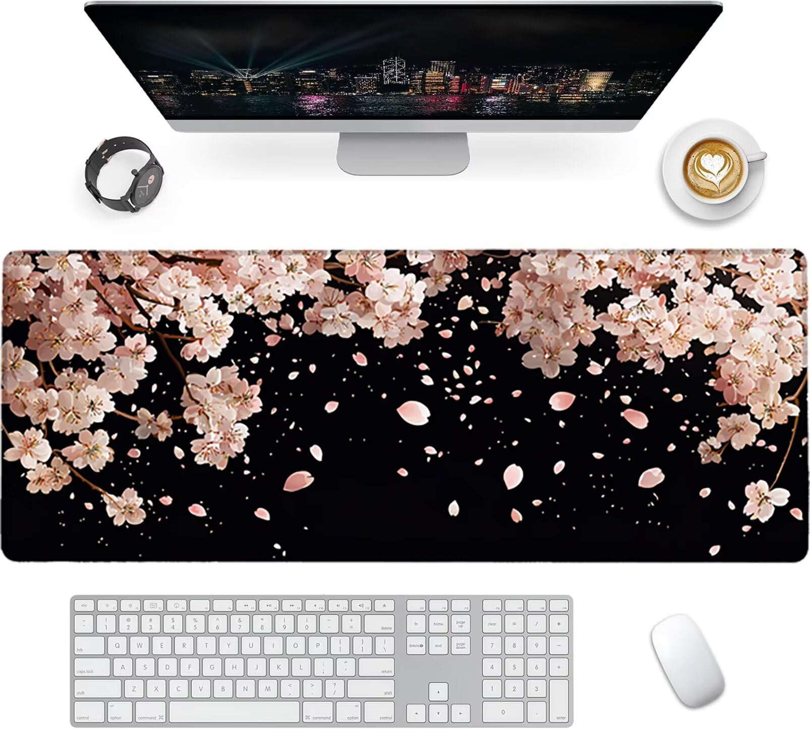 Lpfieonn Kirschblüten Großes Schreibtischunterlage, XXL Schreibtischunterlagen, Schwarz XXL Wasserdicht Gaming Mousepad mit Vernähter Rand und Rutschfeste Gummibasis, für Hause/Büro 120x60cm PF-2517
