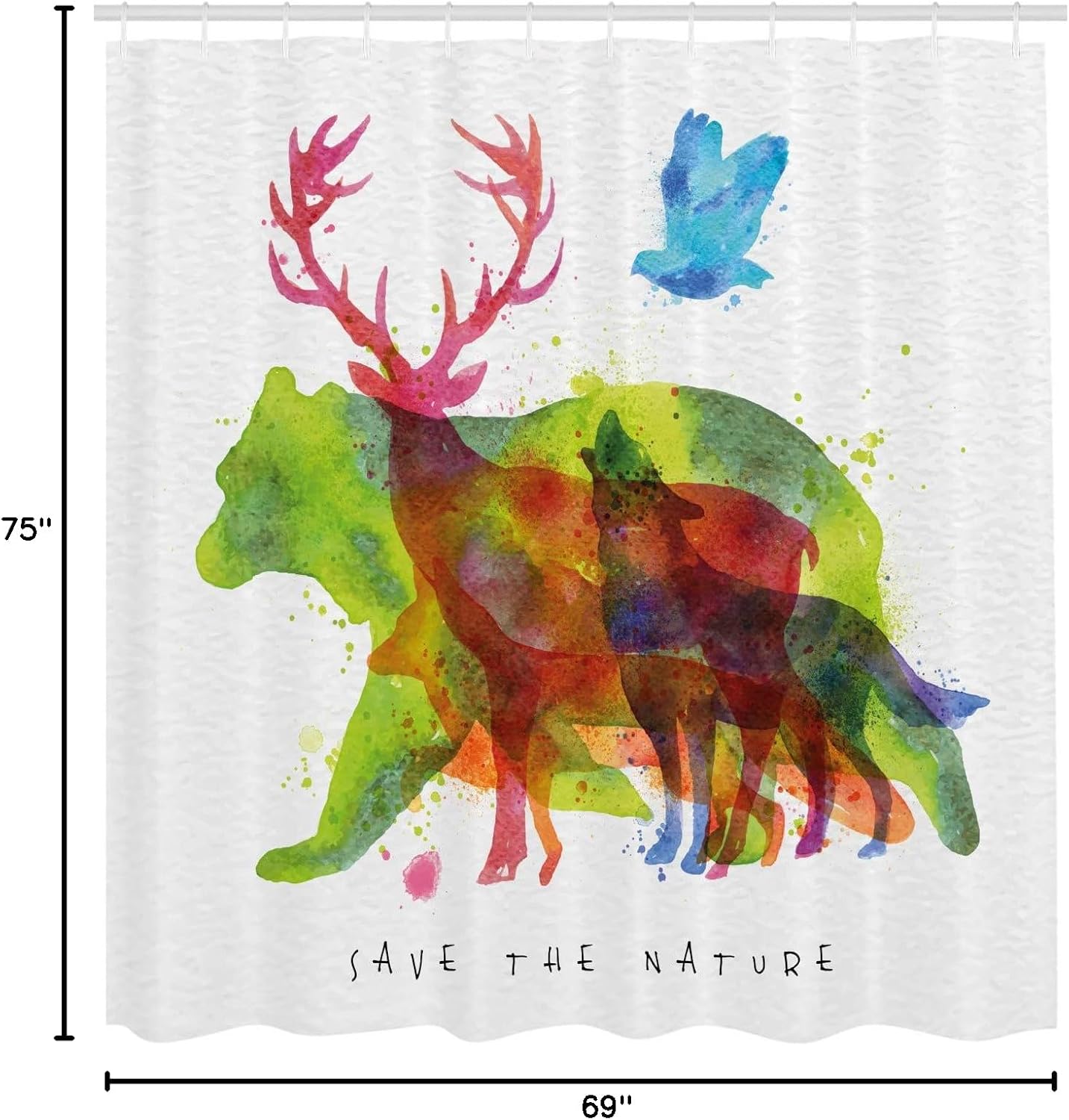 Ambesonne Animal Shower Curtain, Alaska Wild Animals Bears Wolfs Eagles Deers in Abstract Colored Shadow Like Print, Cloth Fabric Bathroom Decor Set with Hooks, 69" W x 75" L, Green Pink
