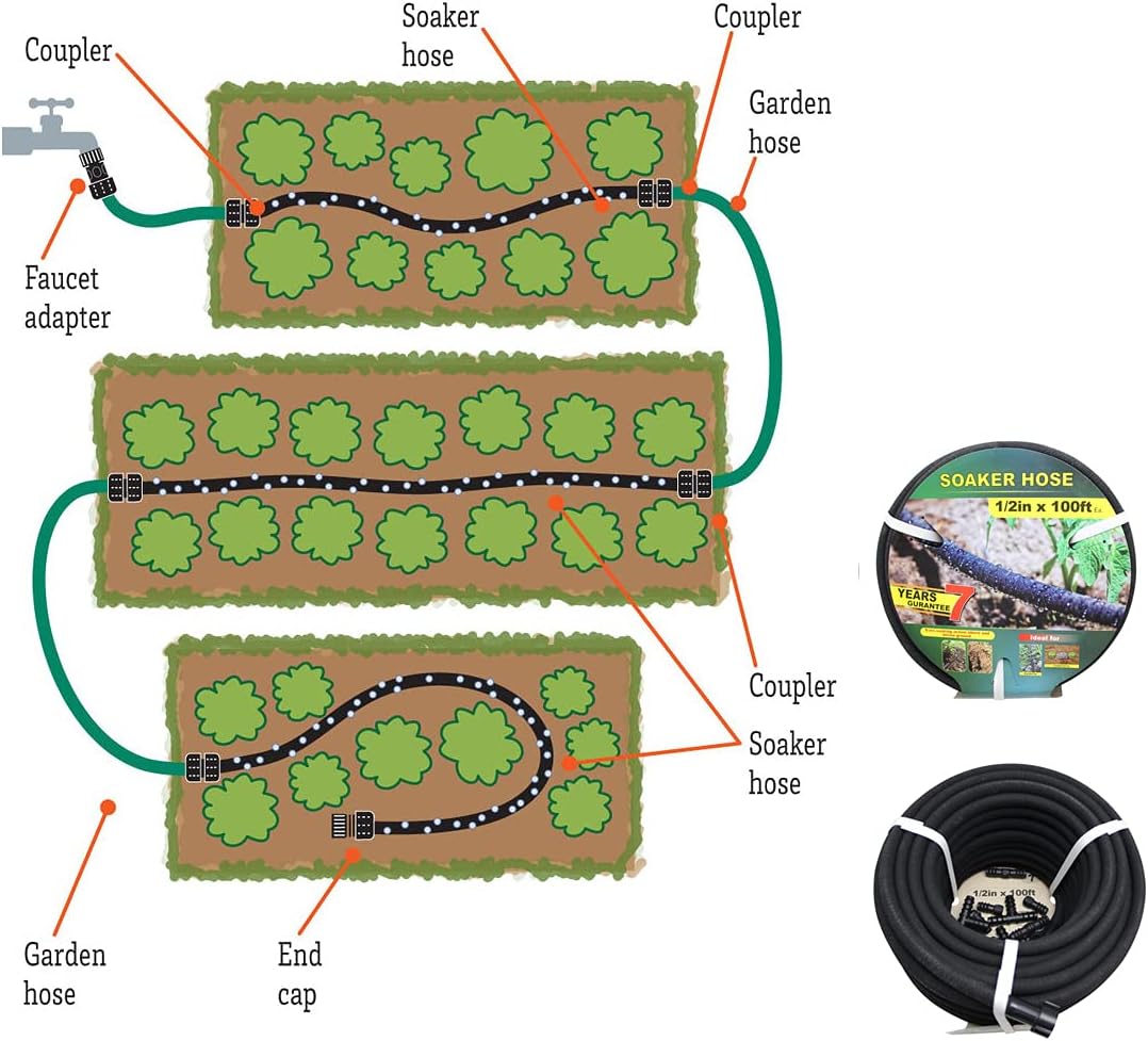 Taisia 1/2" Soaker Hose 100 ft Round Rubber Garden Water Hoses, Heavy Duty Drip Hose for Watering Irrigation, Water Seeper Soaker Hoses for Garden, Lawn and Plants