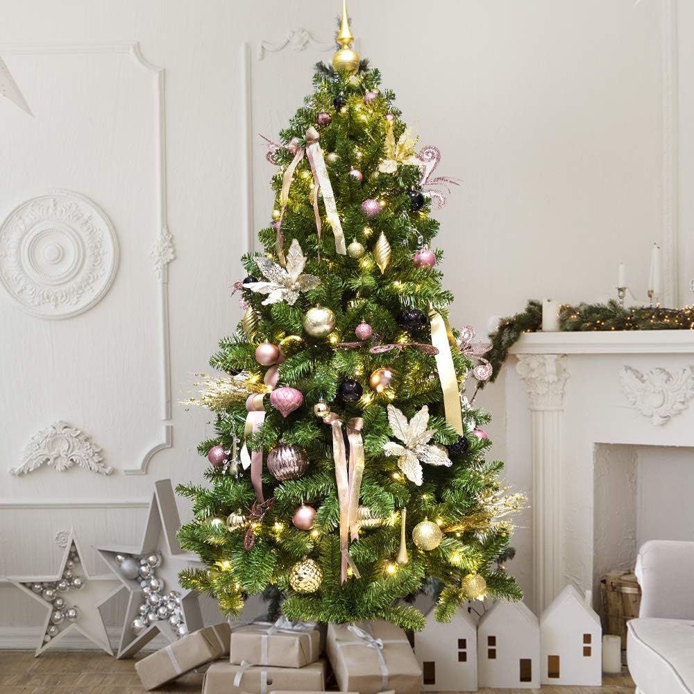 KI Store Artificial Christmas Tree with Ornaments and Lights Rose Gold and Champagne Christmas Theme Decorations Including 6 Feet Full Tree, 119pcs Ornaments, 2 pcs 39ft USB Mini LED String Lights
