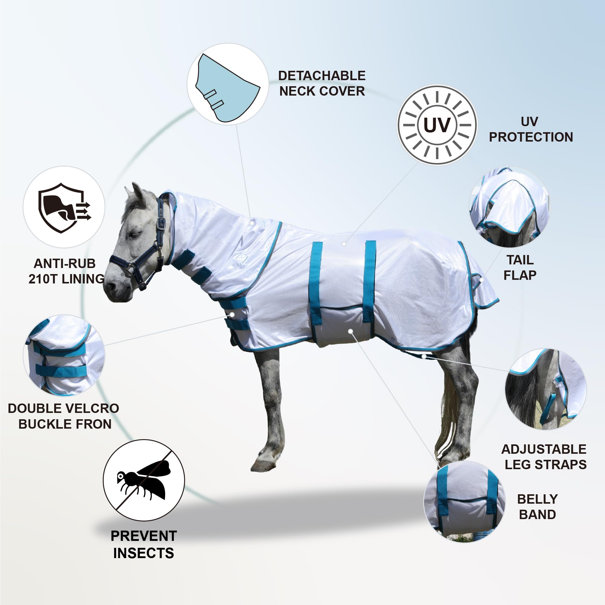 Alfombra con cuello combinado – Sábana de malla ligera y suave para verano para poni Shetland, potro/burro, blanco (3'20.3 cm)