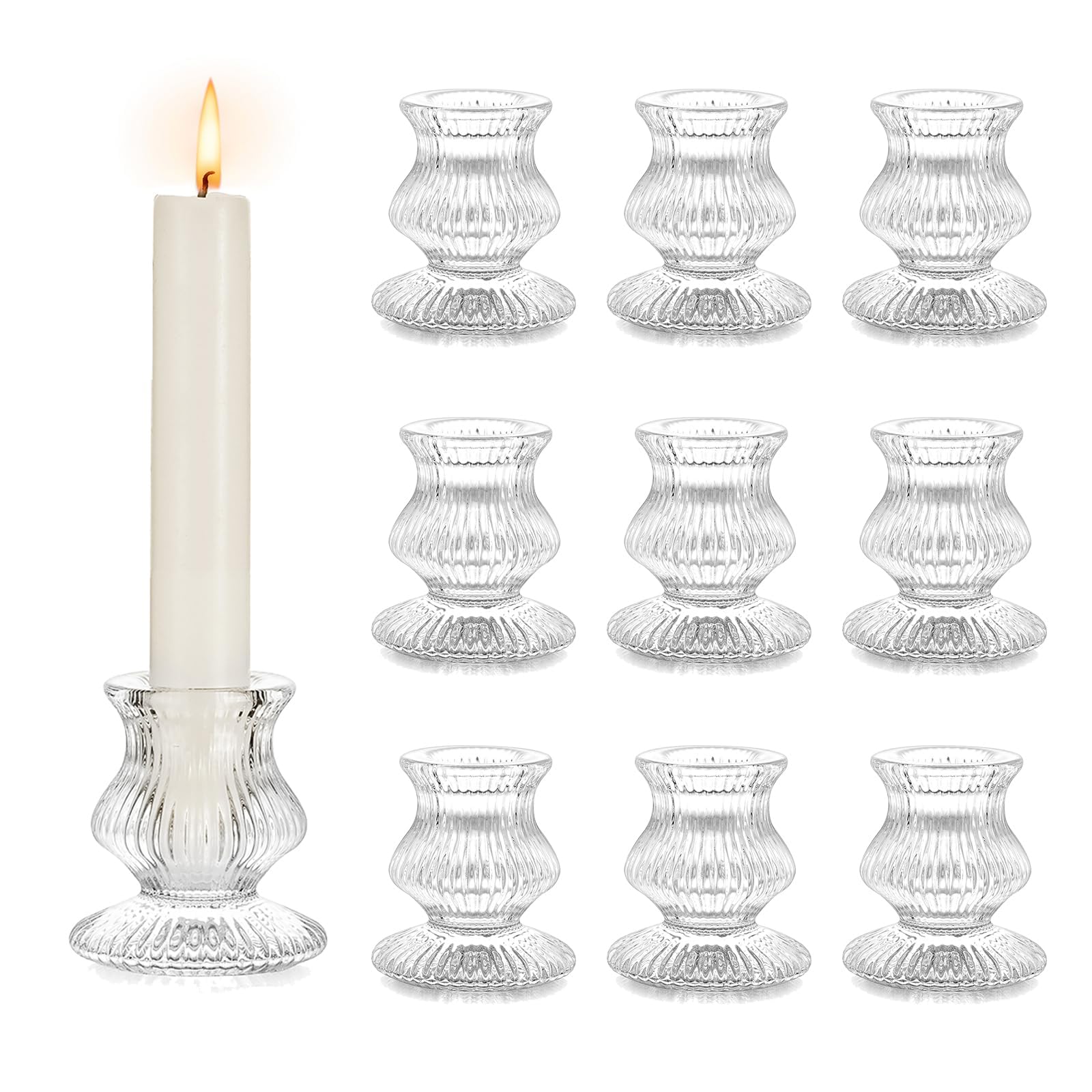 Hewory Glass Taper Candle Holders: 10PCS Clear Candle Holder Candlestick Holders, Crystal Ribbed Candle Sticks Holder Decor for Table Centerpiece Wedding Advent Wreath Christmas Thanksgiving Dinner