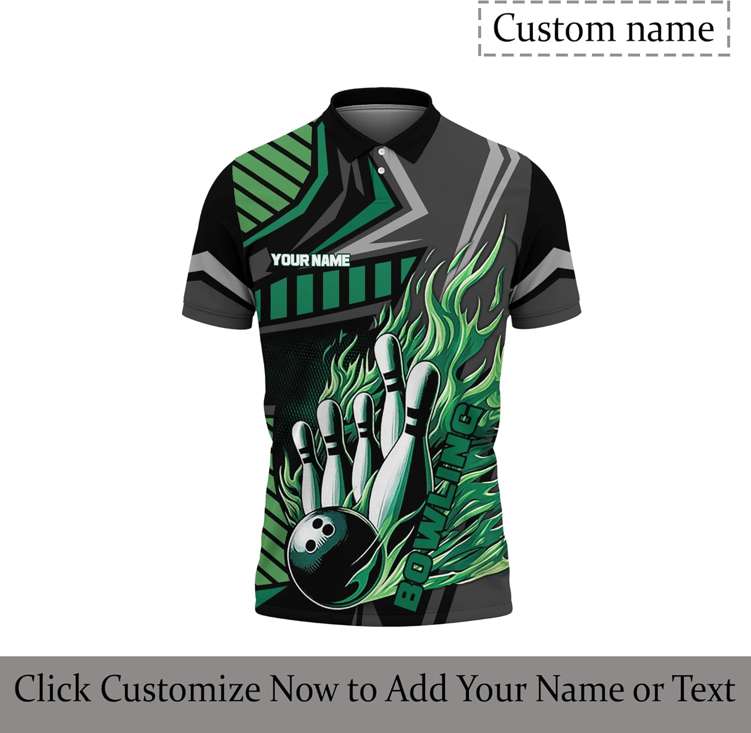 Custom Bowling Polo Shirt 3D Collared Shirt with Green Bowling Strike Flame Graphic On it for Bowling Player
