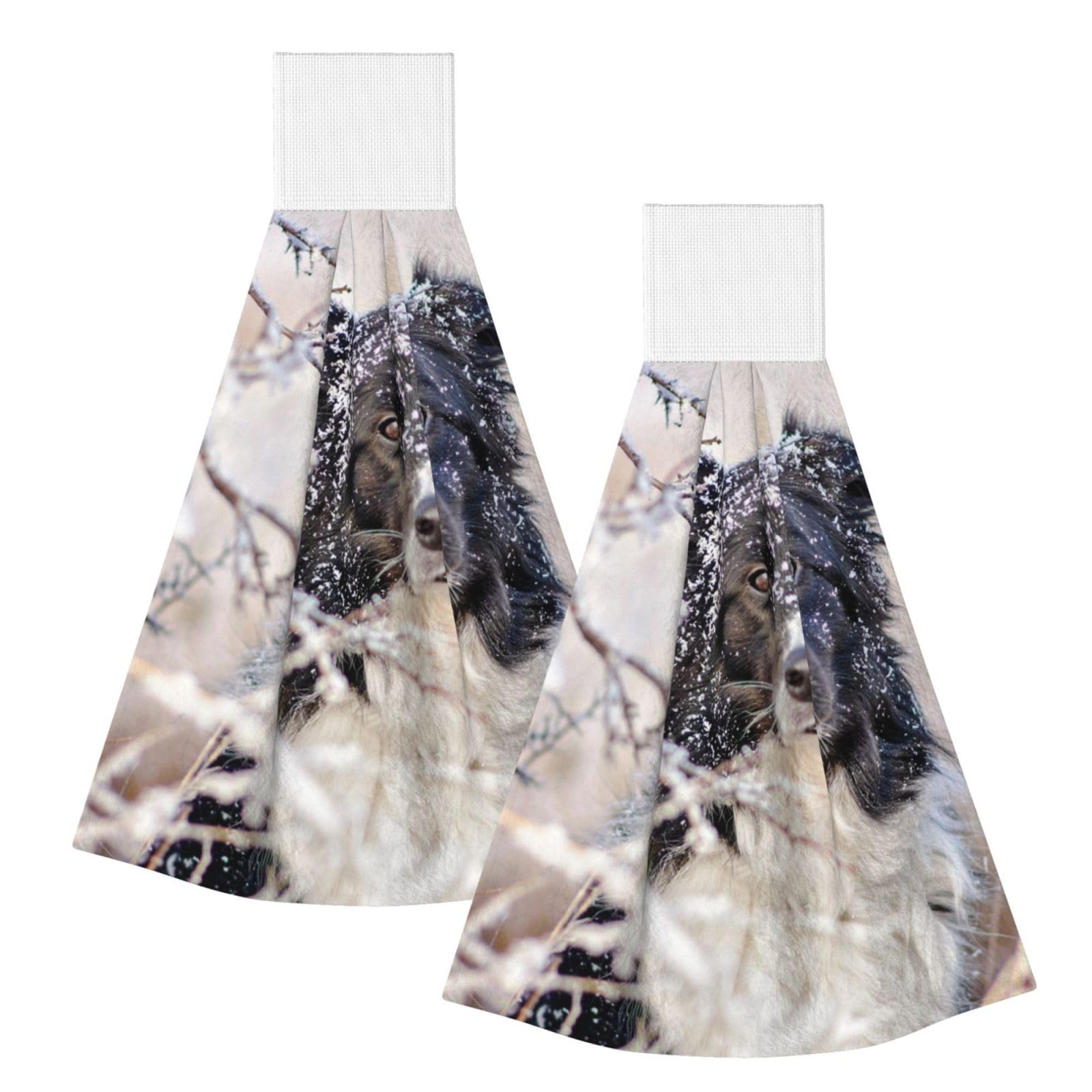 DOPKLNA Border Collie Winter Snow White Black Dogs, 2 Pcs Hanging Coral Fiber Hand Towels for Bathroom, Absorbent Kitchen Towels