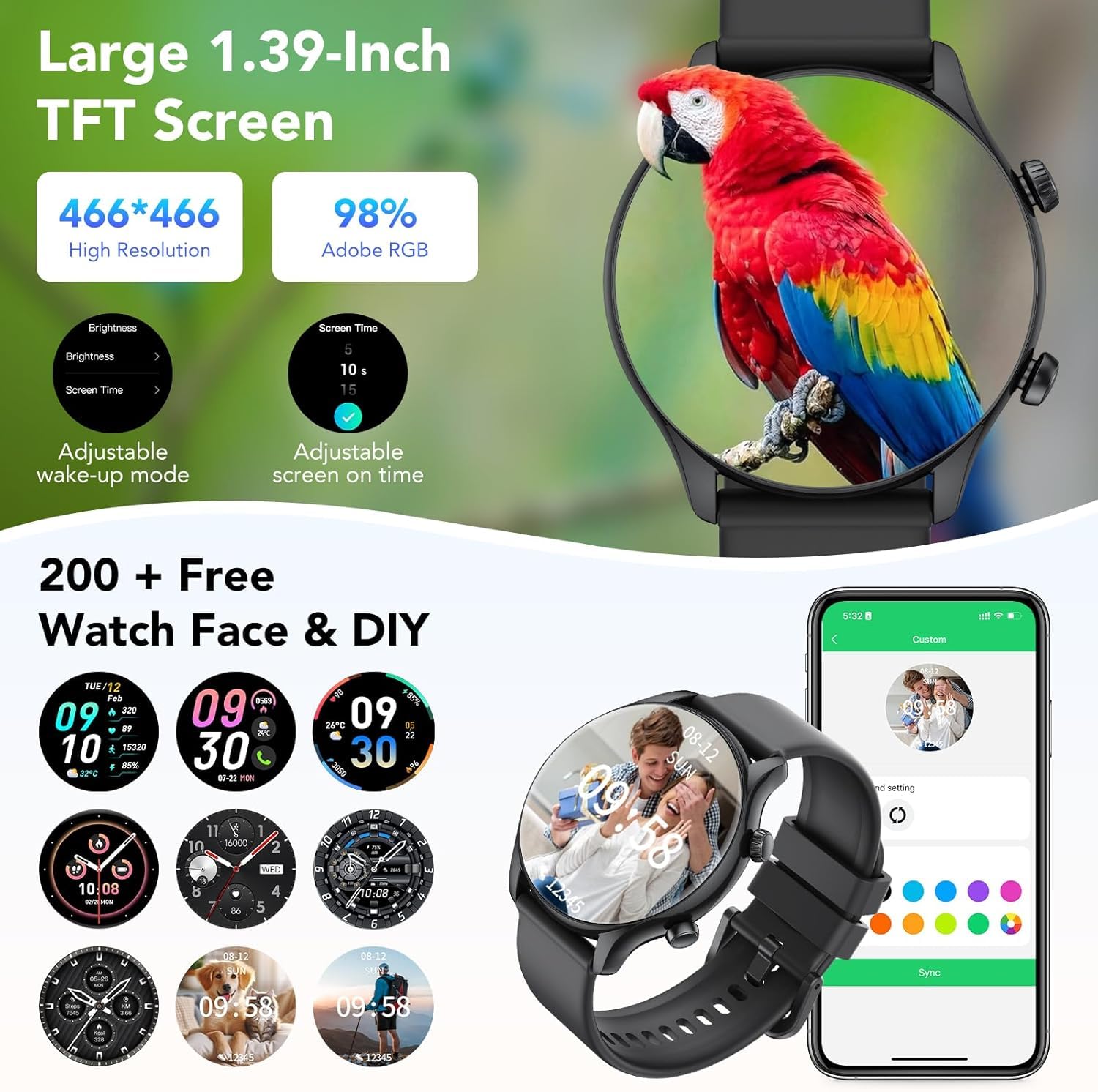 Smartwatch Uomo Donna, 1.39" Orologio Smartwatch con Effettua/Risposta Chiamate, Fitness Tracker con 120+ Sportive, Contapassi/SpO2/Cardiofrequenzimetro, IP68 Smart Watch per Android iOS Nero Lucido