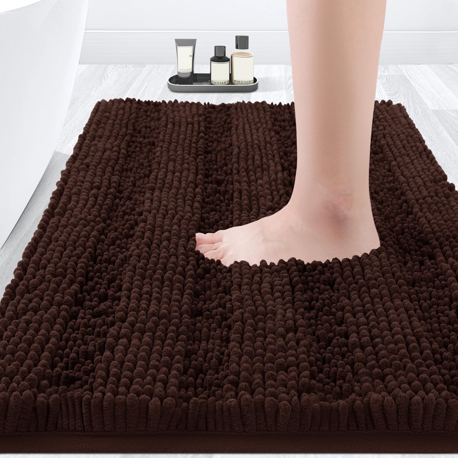 ACCUMTEK Striped Brown Bathroom Rug Mat 32"x20" Ultra Soft, Non Slip Chenille Bath Rugs, Absorbent Plush Shaggy Bath Mats for Bathroom, Bedroom,