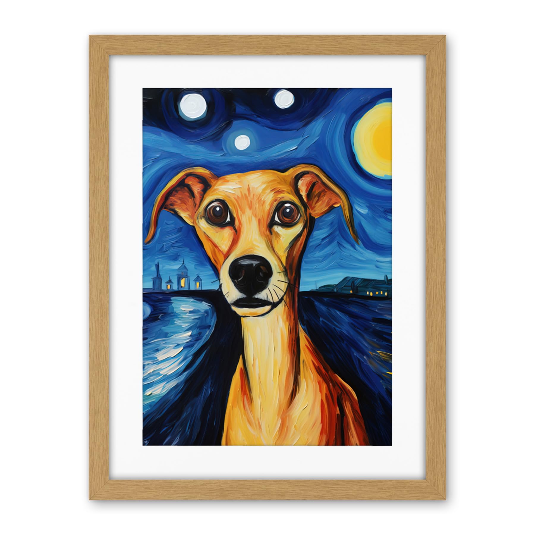 Artery8 Van Goghs Dog Artwork Night Scene Full Moon Blue Brown Yellow Oil Painting Artwork Framed Wall Art Print 18X24 Inch