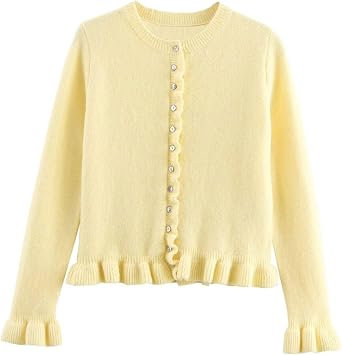 FindThy Womens Cropped Cardigan Sweater Trendy Crewneck Ruffle Long Sleeve Button Down Knitwear Tops