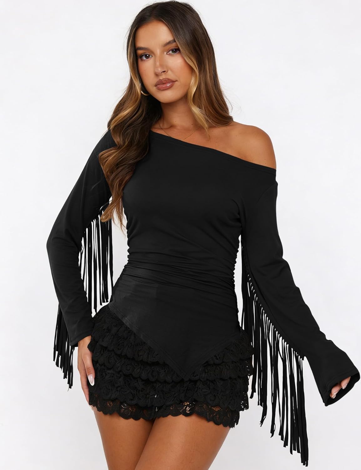 Fringe Western Tops for Women Country Concert Outfits Long Sleeve Cowgirl Shirt One Shoulder Tassels Asymmetrical Top - Image 2