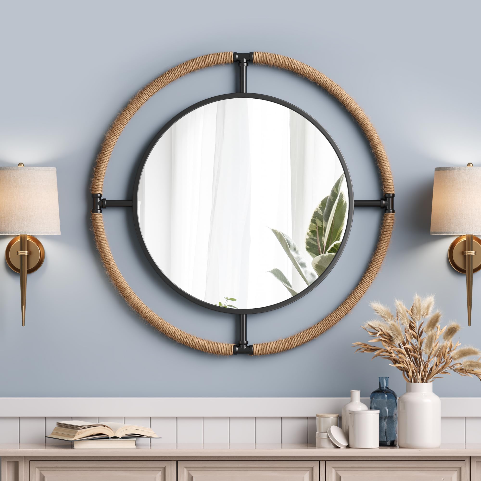 Amazon.com: Kate and Laurel Yitro Round Industrial Modern Metal Framed Wall Mirror, 23.5x28.5 ...