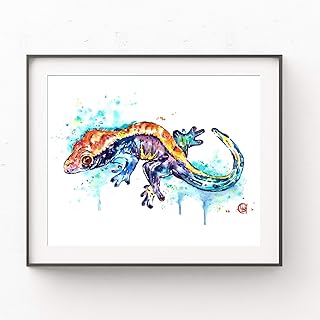 Gecko Wall Art by Whitehouse Art | Red Crested Gecko, Gecko Gifts, Tropical Decor, Lizard Painting, Gecko Art | Professional Art Print of Gecko Original Watercolor | 3 Sizes