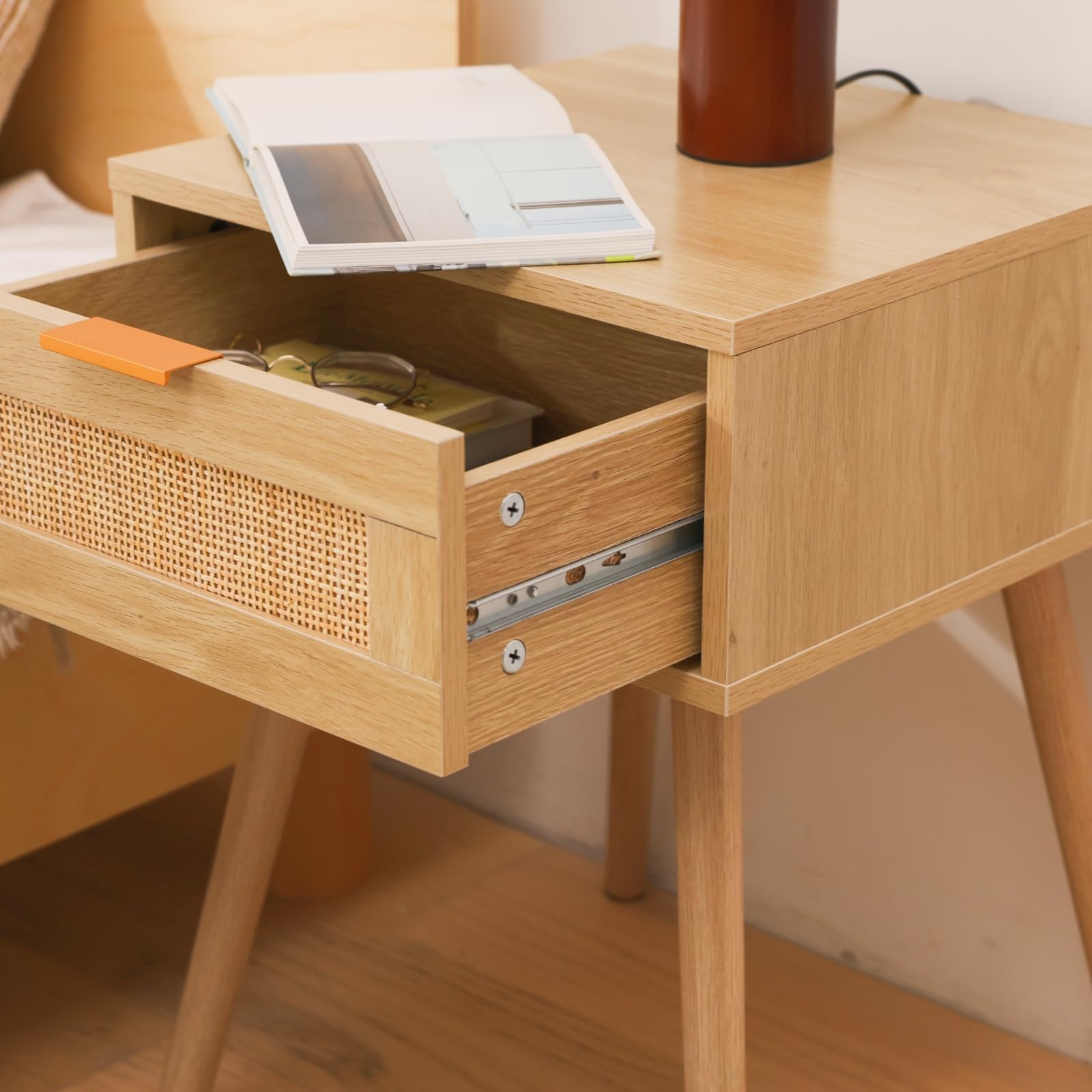 GRAVFORCE Nachttisch Rattan 2er Set Beistelltisch mit Schublade (Holzfarbe)