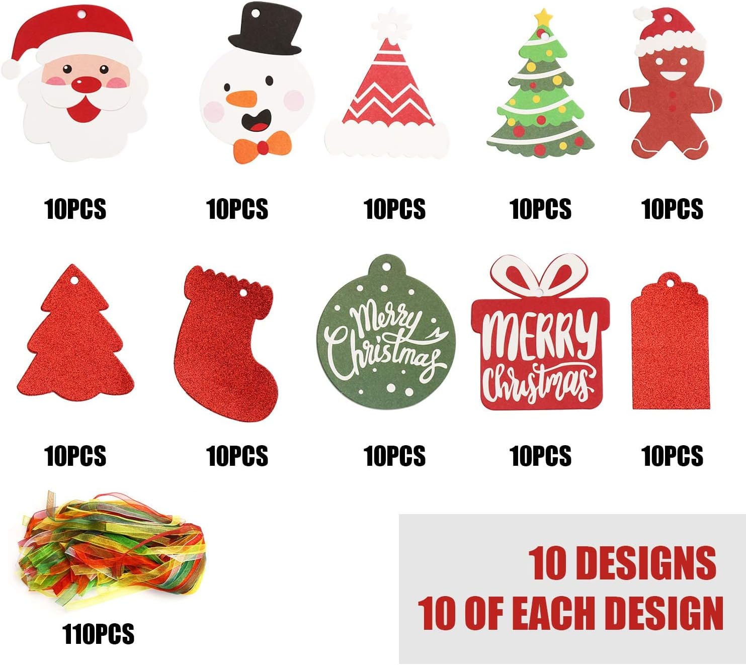 Christmas Gift Tags, 100 Pieces Colorful Xmas Kraft Paper Tags Hanging Labels with Organza Strings for Xmas Gift Decorations (Assorted 10 Styles) - Image 6
