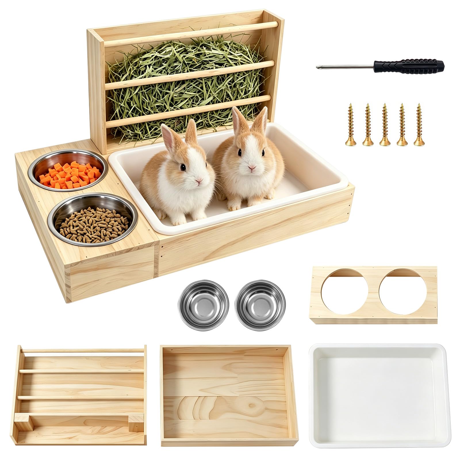 Hay Feeder, Rabbit Feeding Station Food Dispenser with Litter Box and Bowls Wooden Bunny Toilet for Guinea Pig Hamster Chinchilla Ferret
