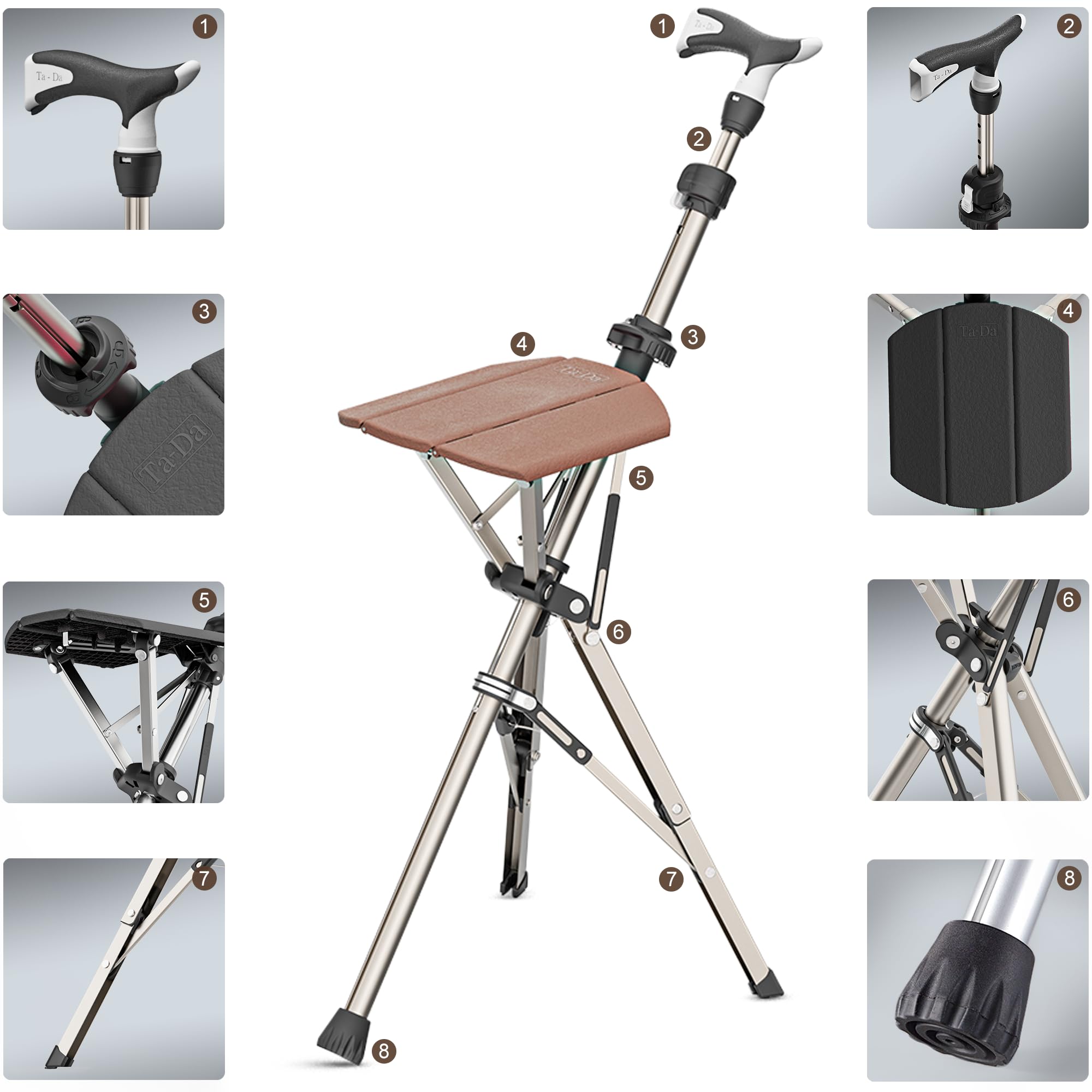 Ta-Da Chair Pro - Canne de Marche avec siège, Cadre en Aluminium Ultra-léger, Tabouret Pliable Robuste (jusqu'à 120 kg), Design Pliable, idéal pour Voyages et visites touristiques - Brun, Ajustable