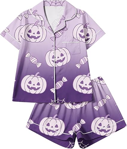 Vividcrate Women Halloween Pajamas Short Sleeve Button Top S