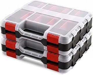 Tool Box with 34 Compartments, Double Sided Hardware Organizers Toolbox | Removable Dividers Clear Lid Heavy Duty Small Parts Storage for Screws Bolts Nuts Crafts Fishing Tackle Red, 2 Pack