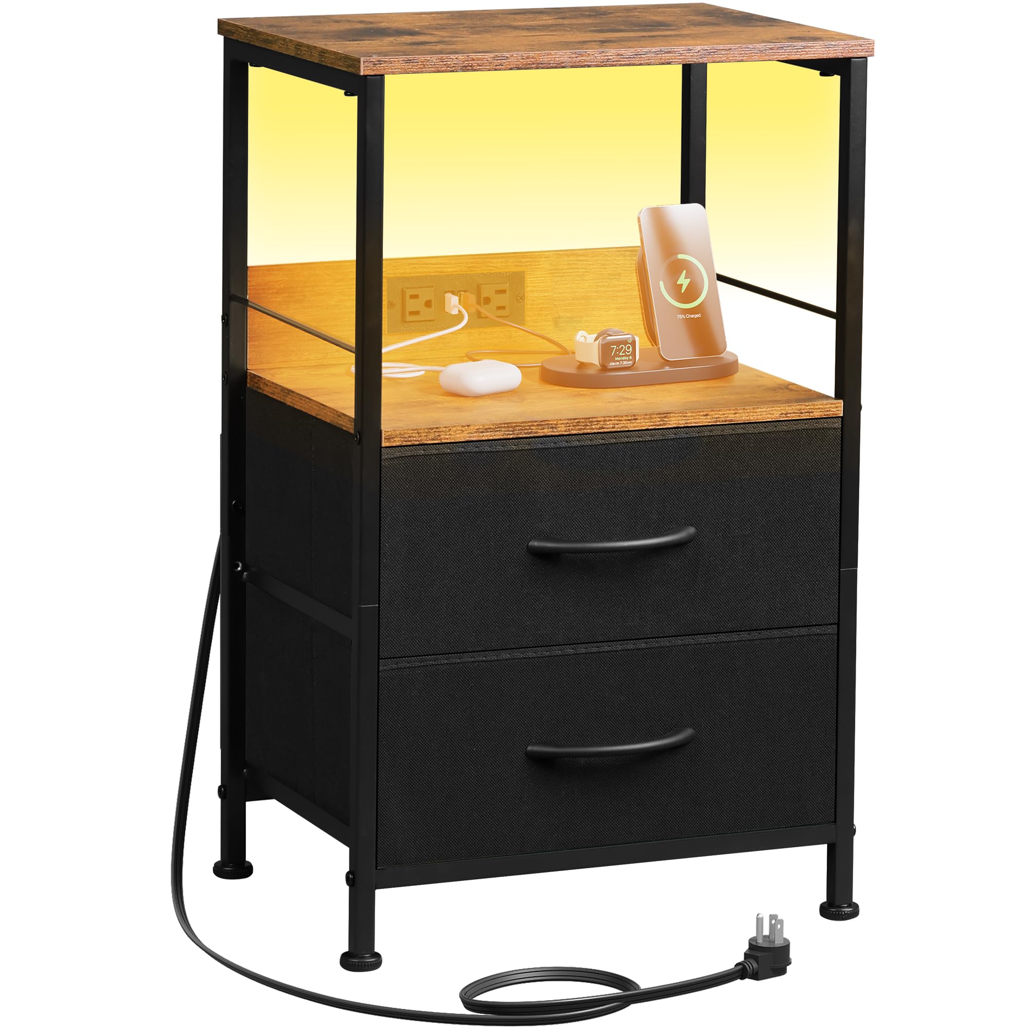 wlive nightstand with charging station led night stand with 2 fabric drawers and open shelf small dresser for small spaces side end tables for bedroom rustic brown and black