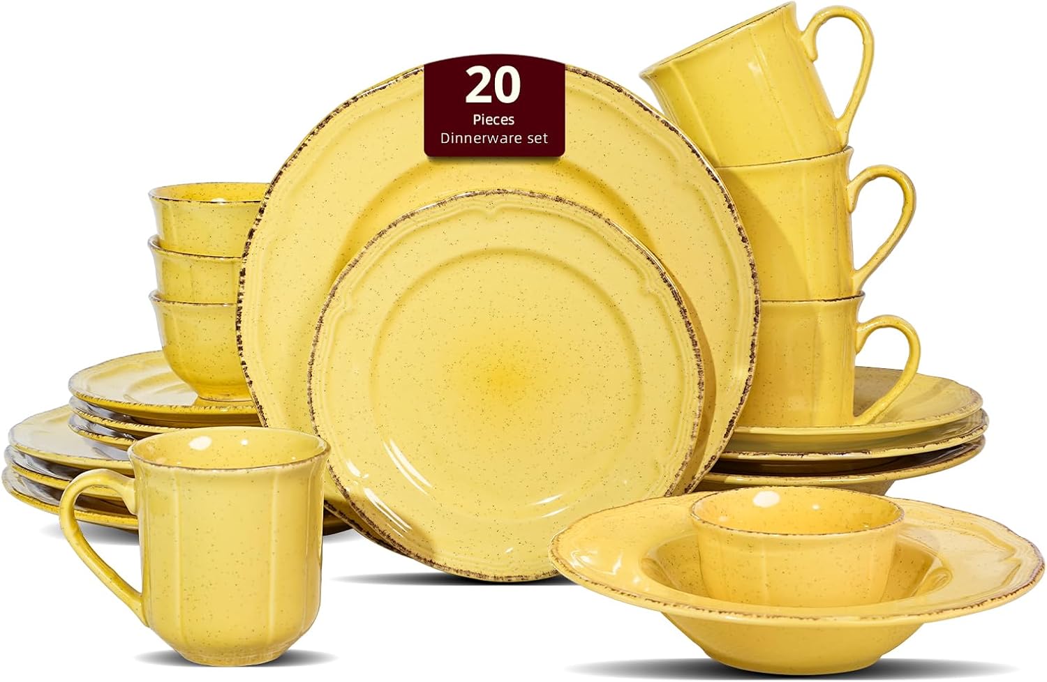 20pc Dinnerware Set, Plate and Bowl Set, Stoneware Dishes Set for 4, Microwave and Dishwahser Safe, Scratch Resistant, French Countryside Speckled Antique Yellow