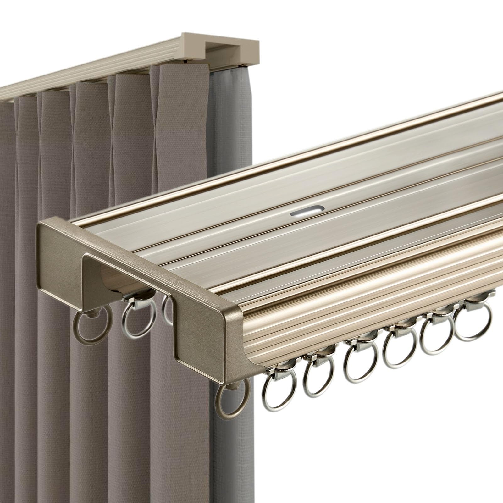 Stille, doppelläufige Gardinenstange, 400 cm, Aluminium-Gardinenstange für Wohnzimmer, Schlafzimmer, Hotels – Decken- oder Wandhalterung – elegante Champagnerfarbe – vielseitiges Vorhangsystem