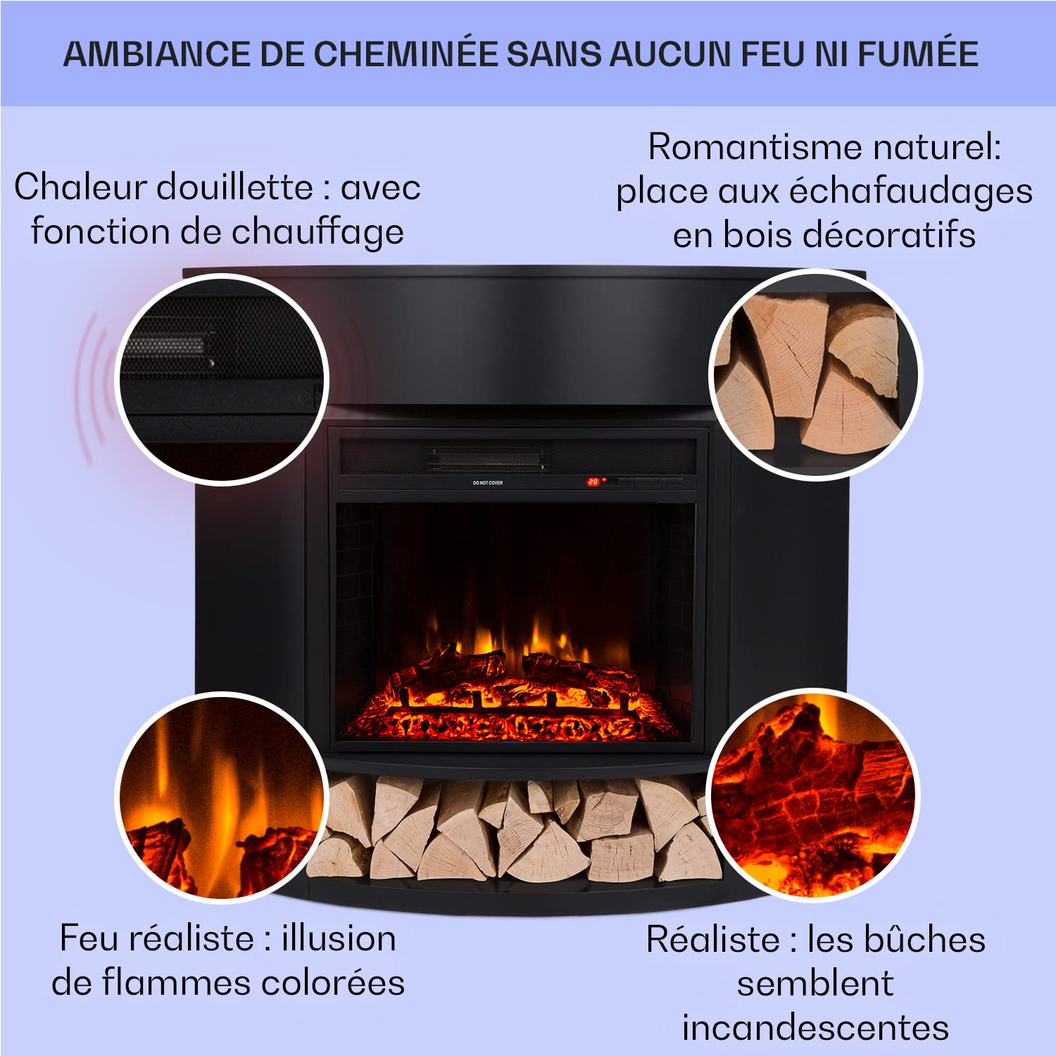 Klarstein Cheminée Electrique d'Intérieur, Chauffage Electrique de 1800W, Fausse Cheminée Decorative avec Effet Flamme en LED, Télécommande Inclus, Programmable, Minuterie, Thermostat Réglable