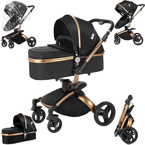 Cochecito de bebé 2 en 1 de piel sintética con asiento giratorio de 360, cochecito de bebé reversible portátil estándar convertible cochecito de