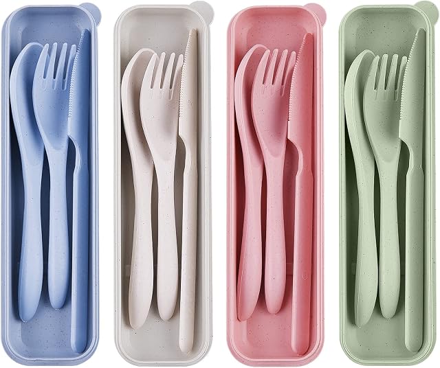 WXJ13 Travel Cutlery Set with Case - Reusable Flatware Set, Food Grade Plastic Spoon Knife Fork Tableware Set,with Storage Case for Kids Adult Travel Picnic Camping or Daily Use