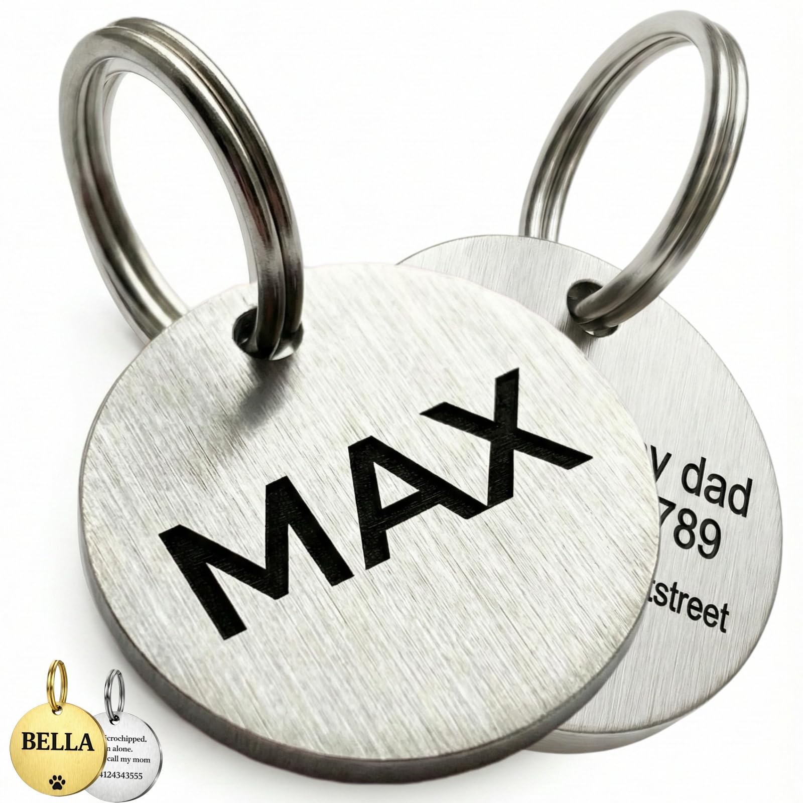 Pet ID Tag Personalized Double-Sided Solid Brass Dog Cat ID Tag - Deep Laser Engraved Name Tags for Dogs & Cats Durable Brushed Metal ID Tag, Hand-Finished in UK, Fast Delivery 20mm/25mm/30mm/35mm