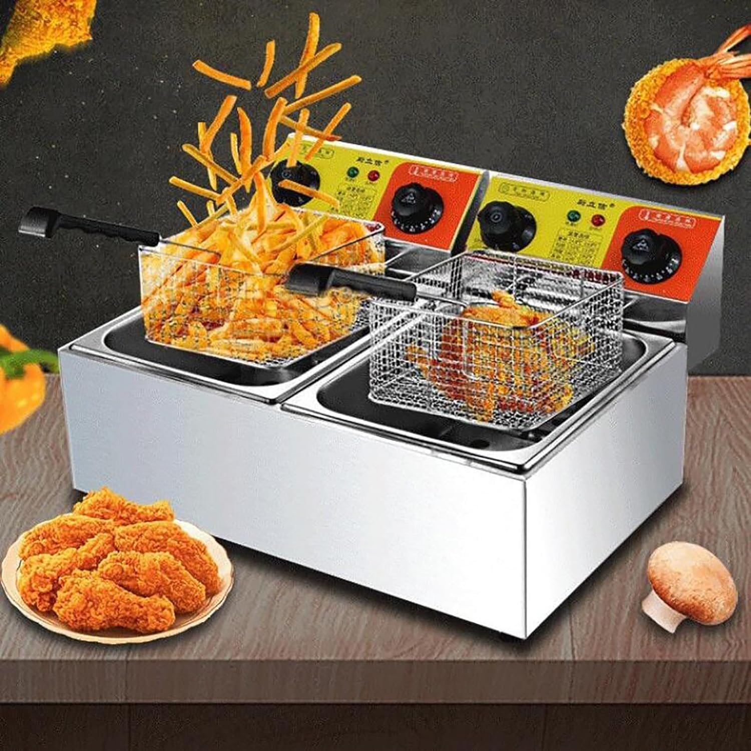 Friggitrice Elettrica, Friggitrice elettrica 12,6QT, friggitrice commerciale in acciaio inossidabile con timer Friggitrice elettrica a doppio serbatoio con 2 cestelli, friggitrice elettrica da banco f