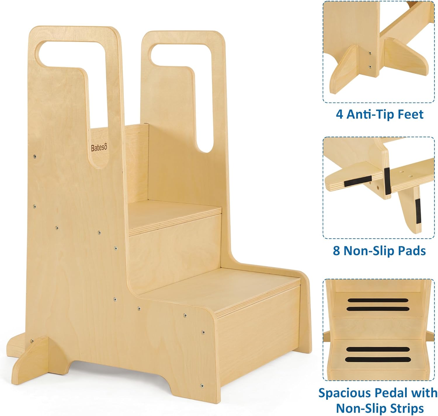 Step Stool for Kids, Large Wooden Kid Step Stool with Handles & Non-Slip Mats for Bathroom Sink and Kitchen, Potty Training Stool for Toilet