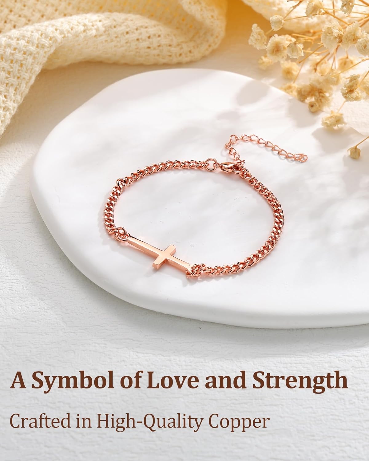 BioMag Cross Bracelet for Women, Dainty Rose Gold Copper Cuban Link Chain Bracelets Confirmation Baptism Christian Gifts for Women Religious Jewelry - Image 2