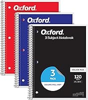 Oxford 3-Pack 3-Subject College Ruled Spiral Notebooks, 120 Sheets, 8x10.5", Perforated, 3-Hole Punched, Assorted Colors - Back to School Essential