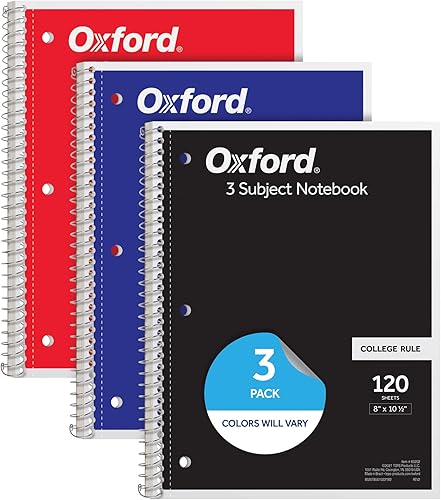 Oxford Cuadernos de espiral, paquete de 3, 3 materias, cuadernos con rayas universitarias para la escuela, 8 x 10.5 pulgadas, 120 hojas, 2