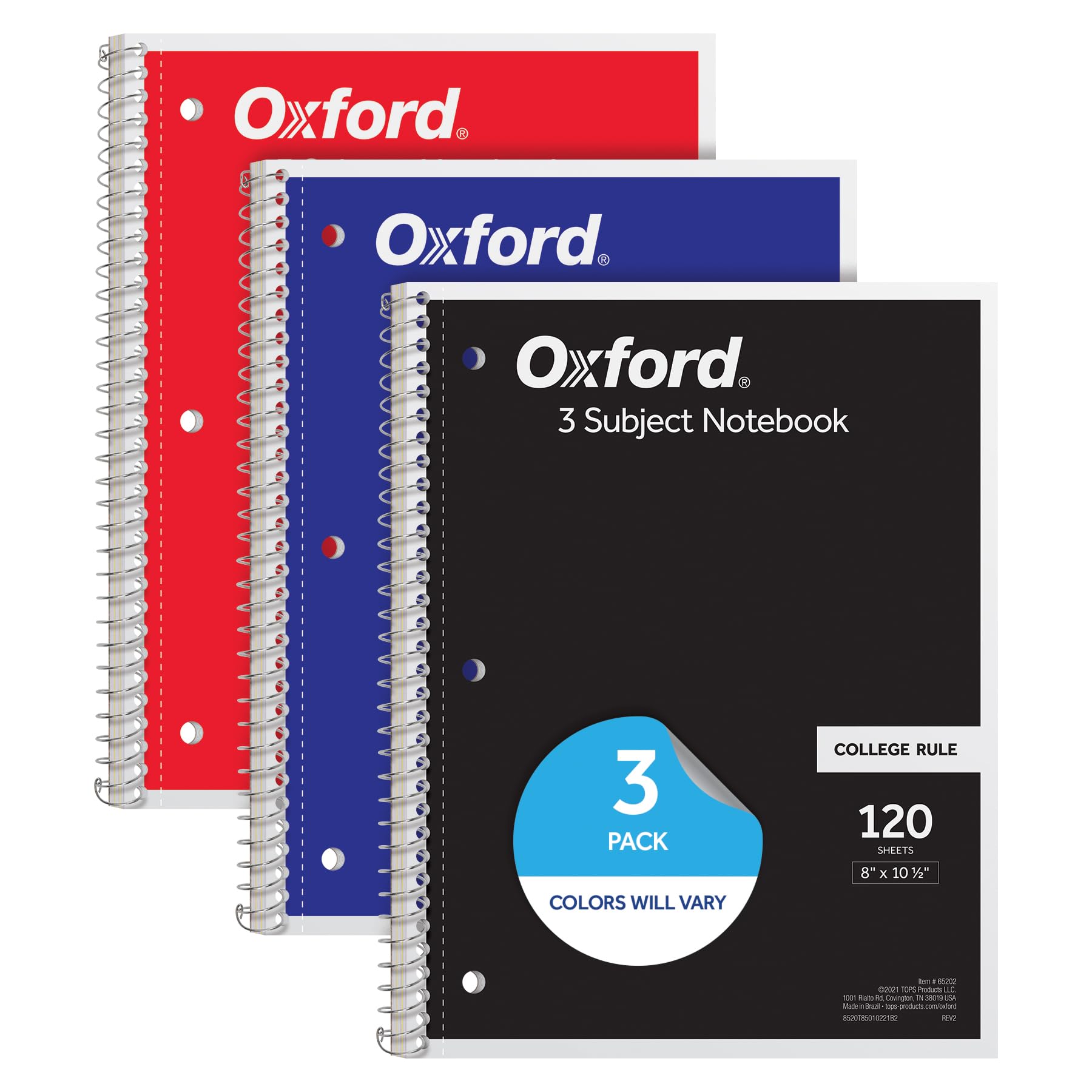 Spiral Notebooks, 3 Pack, 3 Subject, College Ruled Notebooks for School, 8 x 10.5 Inches, 120 Sheets, 2 Dividers, Assorted Colors, Back to School Supplies (65202)