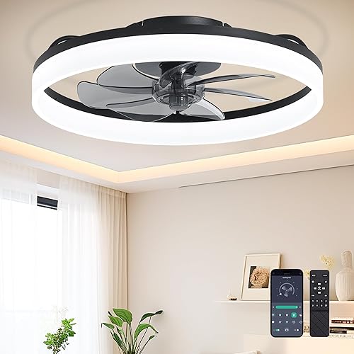 Ventiladores de techo con luces y lámpara de araña remota, ventiladores de techo negros modernos de perfil bajo de 20 pulgadas para dormitorio,