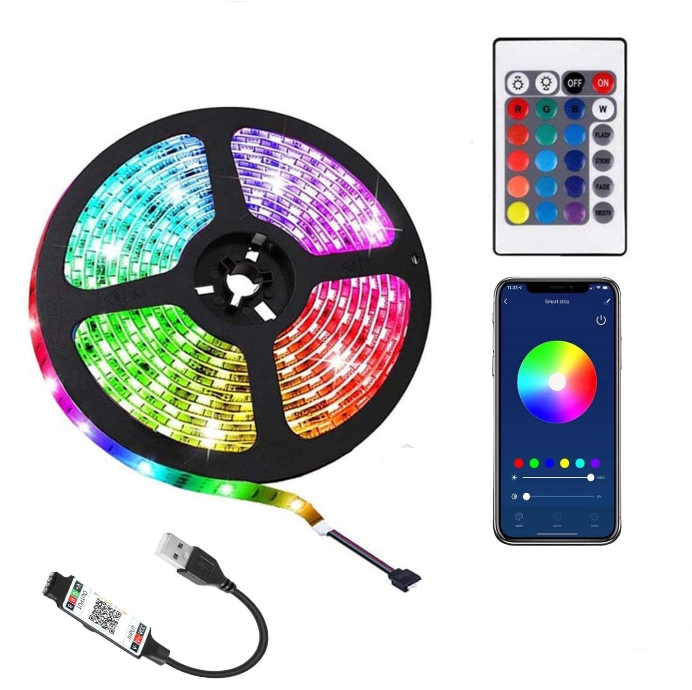 rynli RGB LED Strip Light, LED Strip Lights with Remote, USB Powered, Color Changing, Specialty & Decorative Lighting Ideal Lights for Bedroom, Kitchen, Gaming, TV Backlight (with Bluetooth, 2 M)
